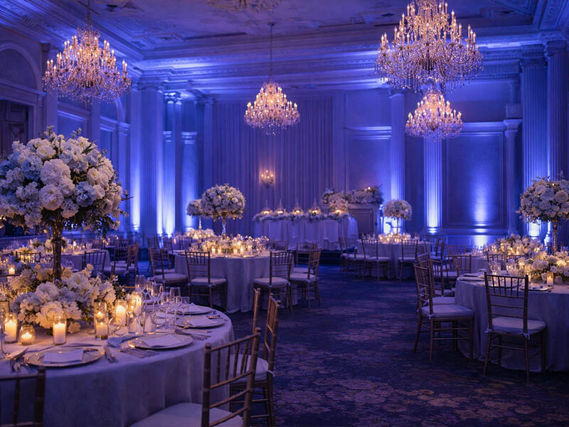 Great Hall Reception in Warm Purple - Uplights event lighting